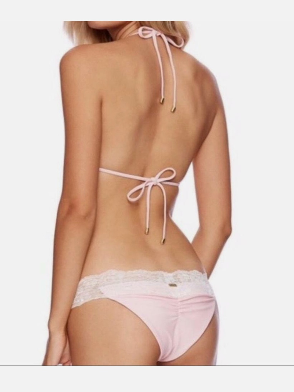 BEACH BUNNY Tri top 2 PIECE BIKINI skimpy LADY LACE SOFT BABY PINK SET NWT S - Picture 3 of 16